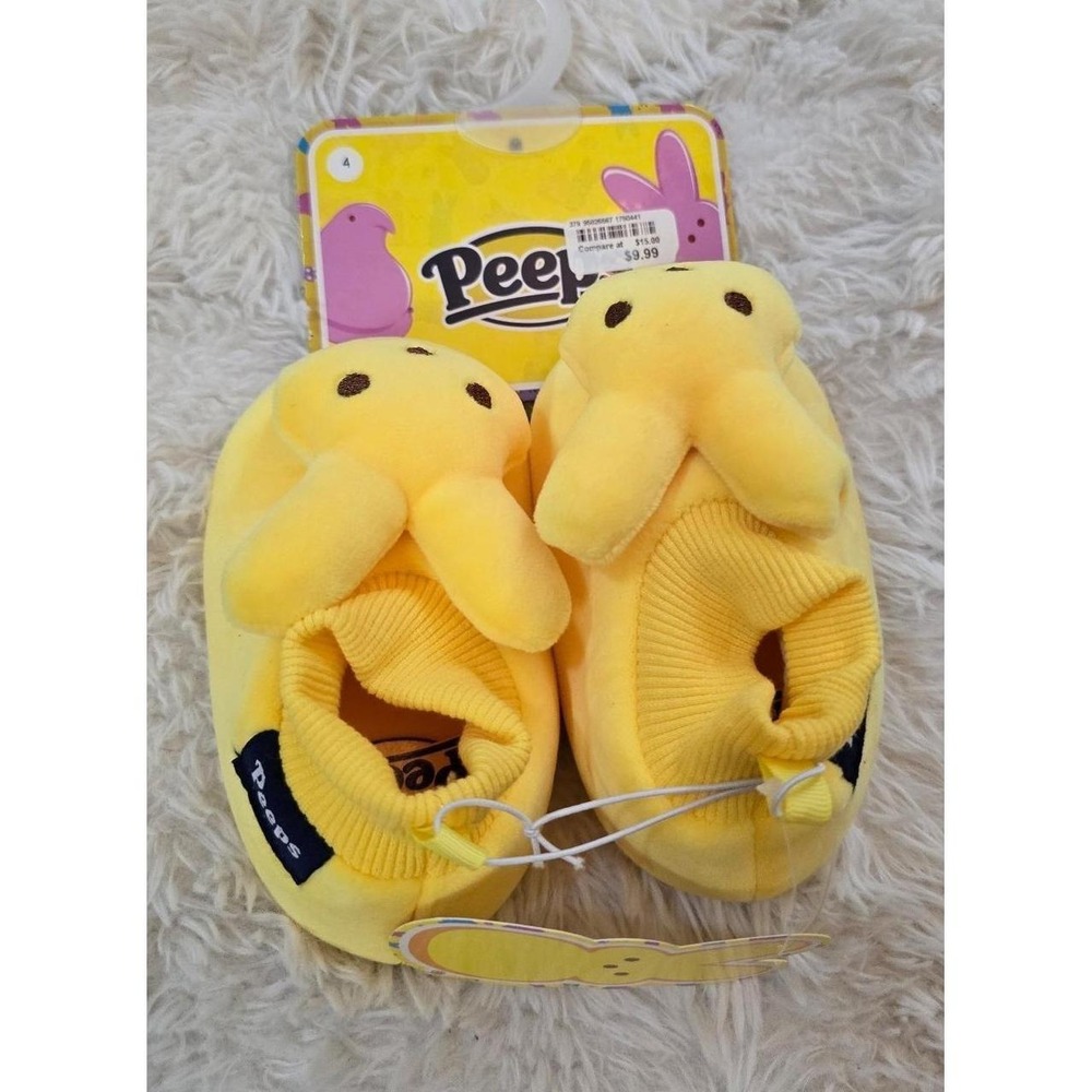 NWT Peeps Toddler Plush Bunny Sock Slippers Size 4 Yellow Big Logo Bottom